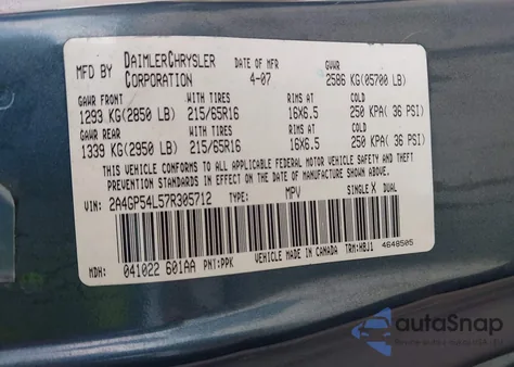 2007 Chrysler Town & Country Touring from USA, damaged, VIN 2A4GP54L57R305712